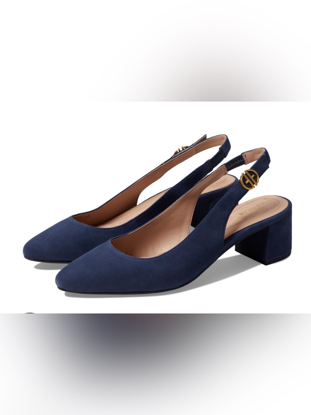 Cole Haan - The Go To- Navy Suede Slingback Block Heel Mules with Gold Buckle